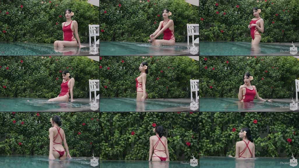 Pool Wading in Vibrant Red Monokini, Yeonji, Pocket Girls, 연지, 포켓걸스 - #00298