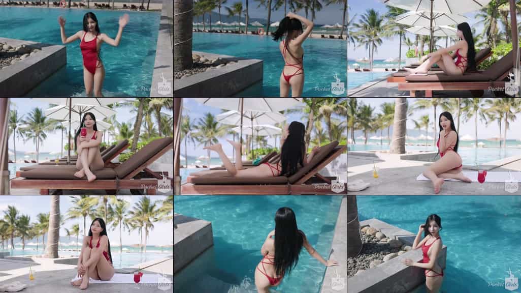 Pool Wading in Vibrant Red Monokini, Yeonji, Pocket Girls, 연지, 포켓걸스 - #00299
