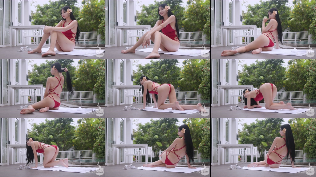 Pool Wading in Vibrant Red Monokini, Yeonji, Part.1i - #0945