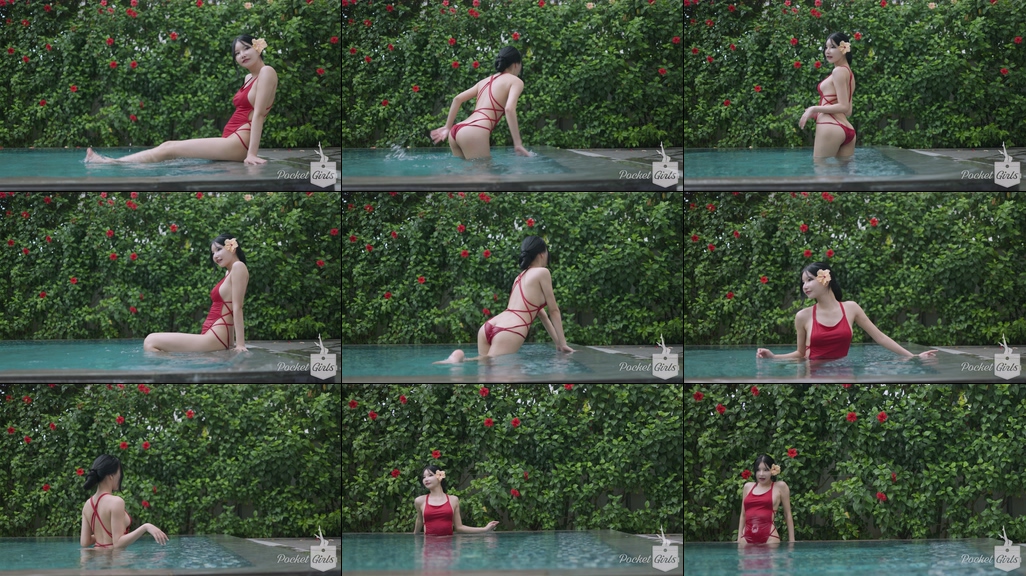 Pool Wading in Vibrant Red Monokini, Yeonji, Part.1b - #0848