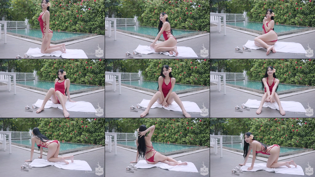 Pool Wading in Vibrant Red Monokini, Yeonji, Part.1f - #0852