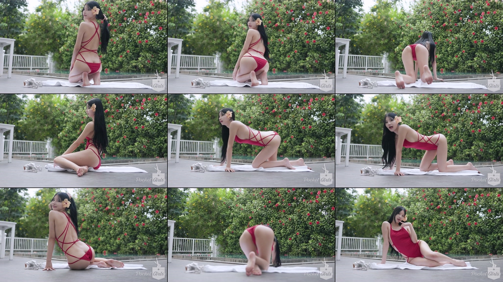 Pool Wading in Vibrant Red Monokini, Yeonji, Part.1h - #0854