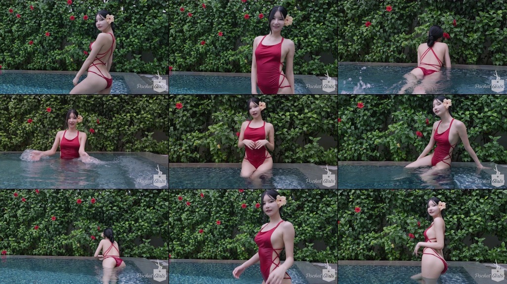 Pool Wading in Vibrant Red Monokini, Yeonji, Part.1c - #0849