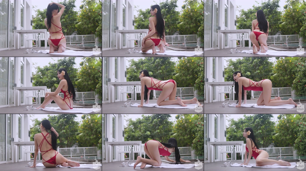 Pool Wading in Vibrant Red Monokini, Yeonji, Part.1j - #0946