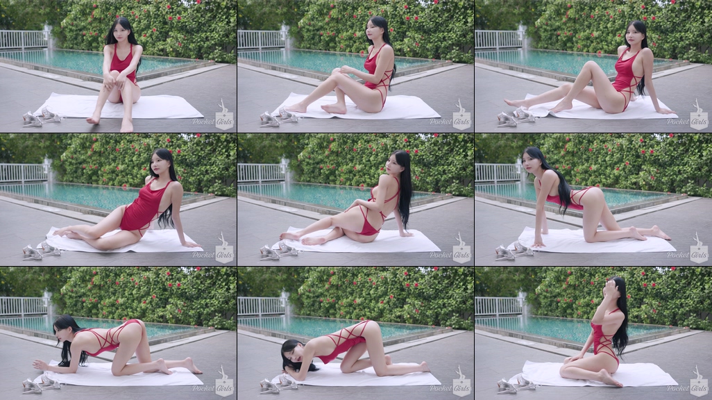 Pool Wading in Vibrant Red Monokini, Yeonji, Part.1e - #0851