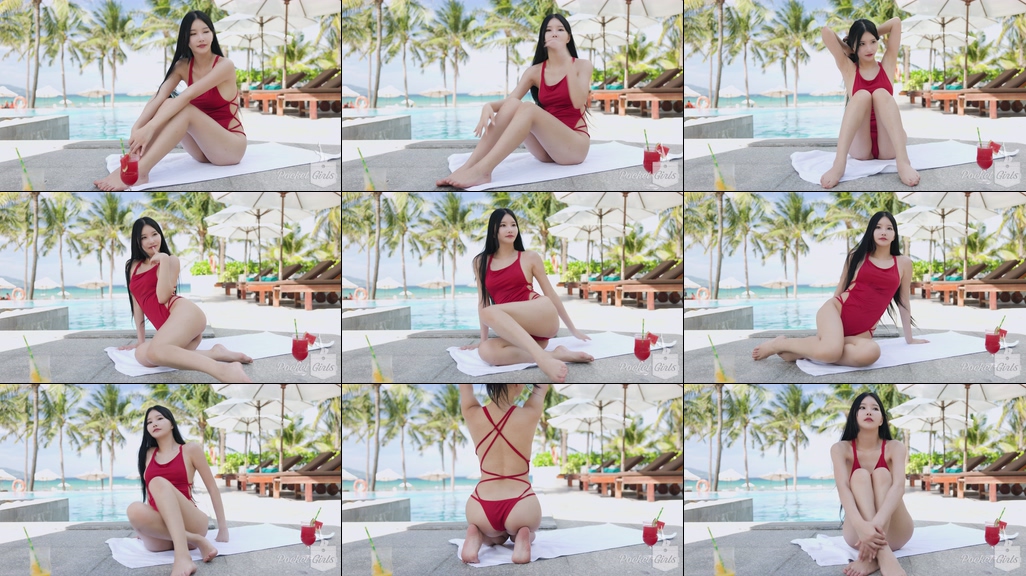 Pool Wading in Vibrant Red Monokini, Yeonji, Part.1d - #0850