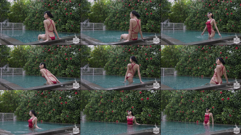 Pool Wading in Vibrant Red Monokini, Yeonji, Part.1a - #0847